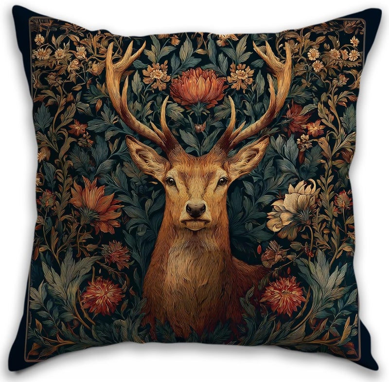 RBAFAO William Morris Inspired Abstract Vintage Floral Design Throw Pillow Covers Home Decor Art Pillowcase Cushion Cover for Bed Sofa Living Room, Car Indoor and Outdoor (The Deer, 18x18inches) - Image 1
